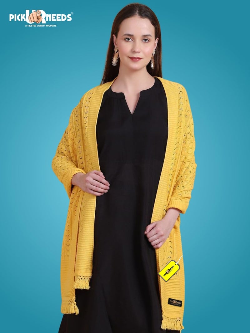 Pick Ur Needs Women’s Premium Knitted Winter Soft Shawl Woolen Warm Stole with Elegant Lace Pattern & Tassels For Girls (Yellow) - Image 3