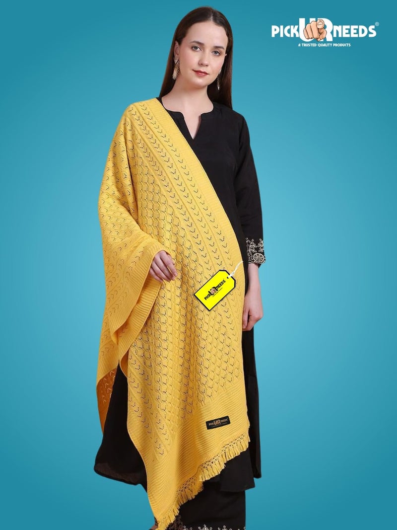 Pick Ur Needs Women’s Premium Knitted Winter Soft Shawl Woolen Warm Stole with Elegant Lace Pattern & Tassels For Girls (Yellow) - Image 5