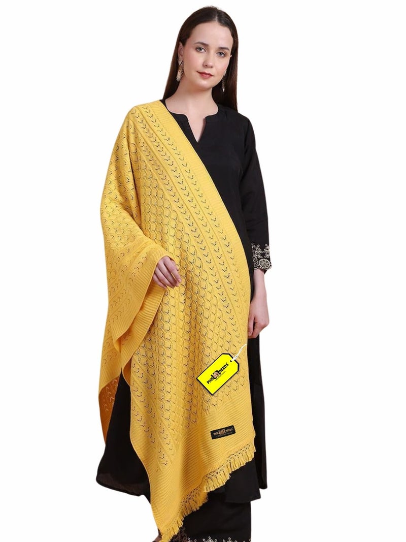 Pick Ur Needs Women’s Premium Knitted Winter Soft Shawl Woolen Warm Stole with Elegant Lace Pattern & Tassels For Girls (Yellow) - Image 1