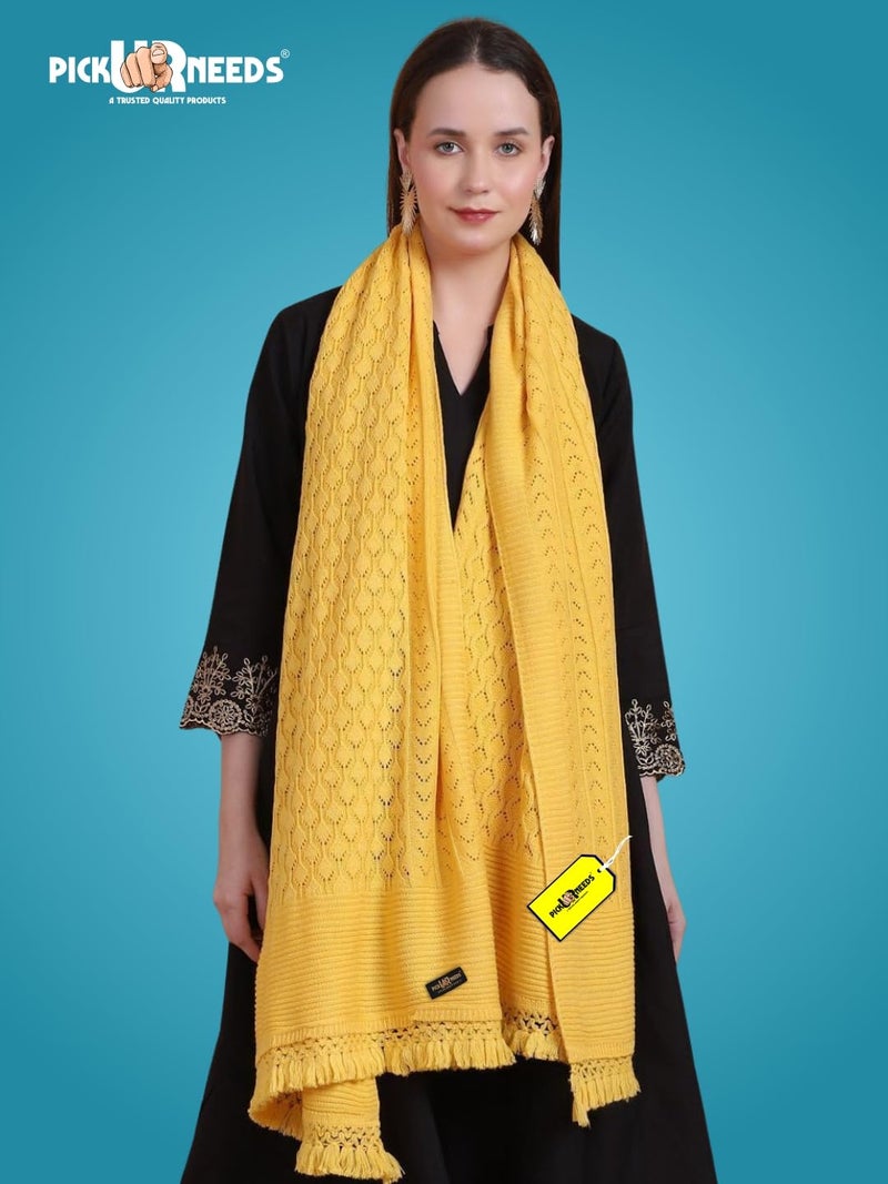 Pick Ur Needs Women’s Premium Knitted Winter Soft Shawl Woolen Warm Stole with Elegant Lace Pattern & Tassels For Girls (Yellow) - Image 4