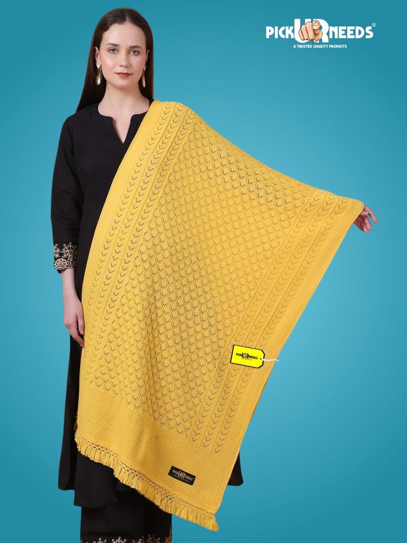 Pick Ur Needs Women’s Premium Knitted Winter Soft Shawl Woolen Warm Stole with Elegant Lace Pattern & Tassels For Girls (Yellow) - Image 2