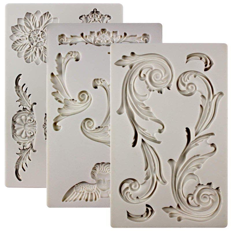 FUNSHOWCASE Baroque Style Ornament Curlicues Silicone Molds 3-Count Cherub Birdbath Scrollworks Art Deco Inspired Lace - Image 1