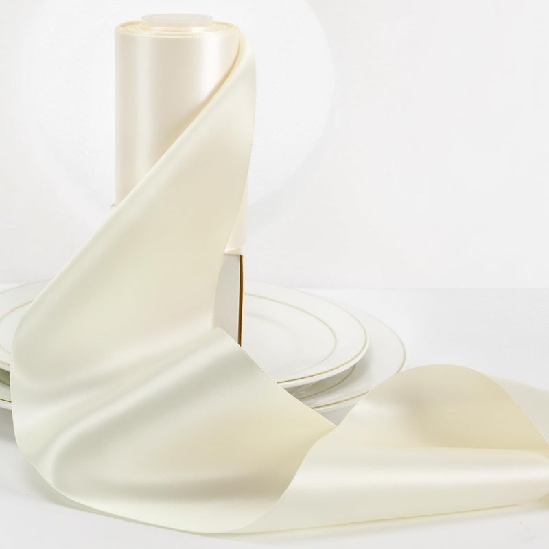 HUIHUANG 4 inch Wide Satin Ribbon Ivory Solid Color DoubleFaced Satin Ribbon Thick Ribbons for Wedding Chair Sash Wedding Decor Large Bows Making Flower Bouquet Sewing Crafts 10 YardsRoll