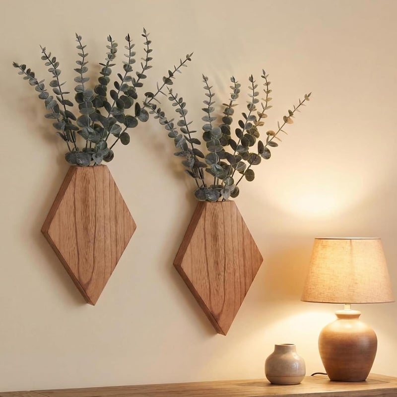 Chunful 2 Pcs Wooden Wall Planter Decor Hanging Fake Plants Greenery Flowers Holder Vase Boxes for Wall Bohemian Farmhouse Room Kitchen Office Indoor Decoration(Wooden Color,7.1 x 4.7 x 1.2 Inches) - Image 1