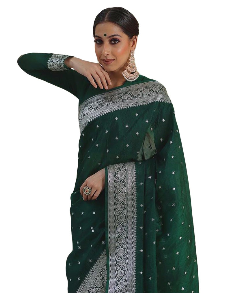 SIRIL Women's Soft Silk Saree | Silk Sari | Jacquard Zari Work Saree With Unstitched Blouse Piece (4049S488_Dark Green) - Image 1