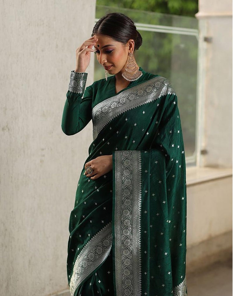 SIRIL Women's Soft Silk Saree | Silk Sari | Jacquard Zari Work Saree With Unstitched Blouse Piece (4049S488_Dark Green) - Image 3