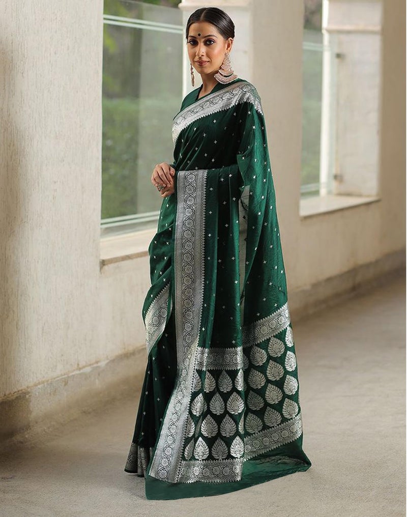 SIRIL Women's Soft Silk Saree | Silk Sari | Jacquard Zari Work Saree With Unstitched Blouse Piece (4049S488_Dark Green) - Image 2