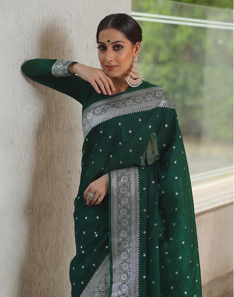 SIRIL Women's Soft Silk Saree | Silk Sari | Jacquard Zari Work Saree With Unstitched Blouse Piece (4049S488_Dark Green) - Image 4