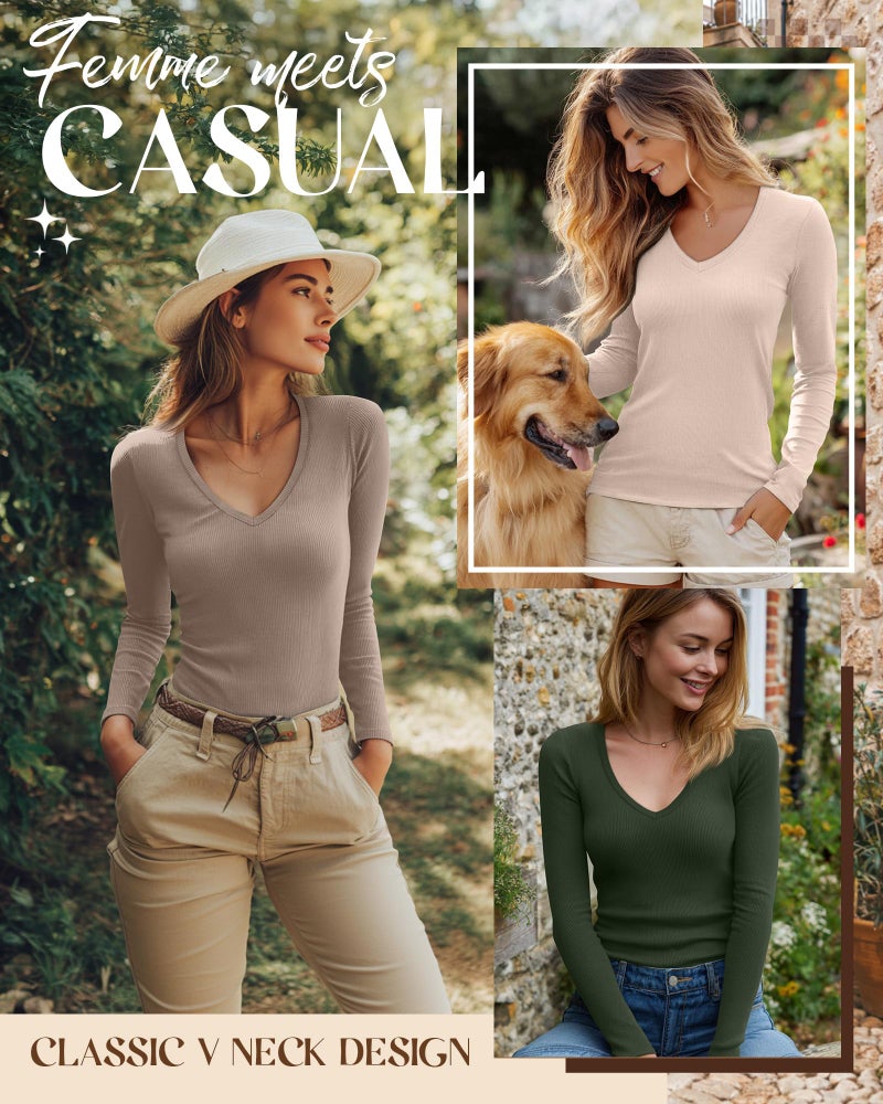 Riyiper 3 Pack Women Long Sleeve Shirts, 95% Cotton V Neck Ribbed Knit Tops Slim Fit Casual Going Out Tee Shirts(Dark Green, Cream, Light Apricot,Medium) - Image 3