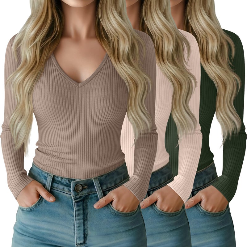 Riyiper 3 Pack Women Long Sleeve Shirts, 95% Cotton V Neck Ribbed Knit Tops Slim Fit Casual Going Out Tee Shirts(Dark Green, Cream, Light Apricot,Medium) - Image 1