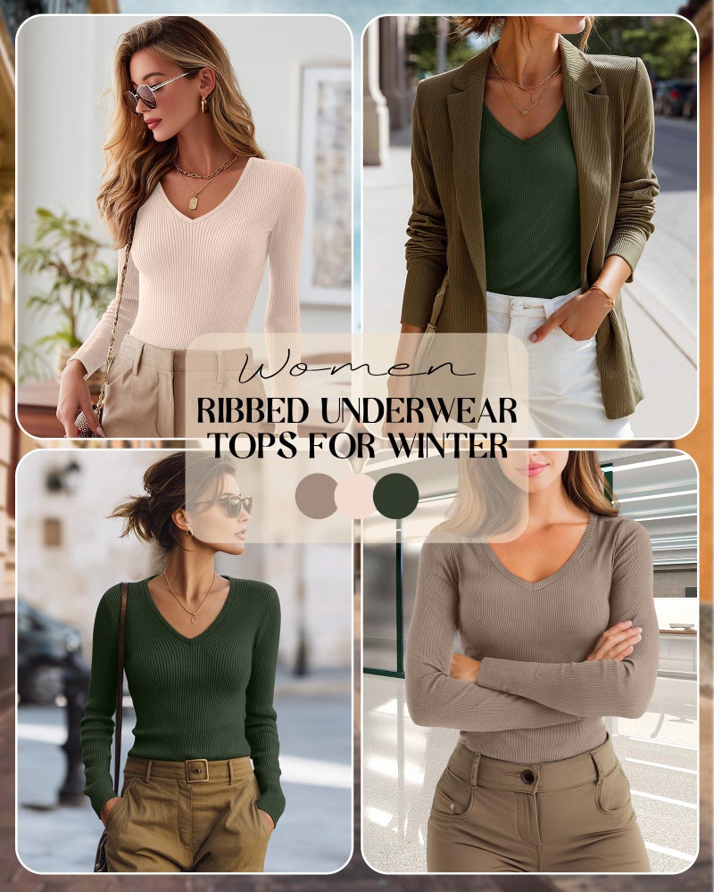 Riyiper 3 Pack Women Long Sleeve Shirts, 95% Cotton V Neck Ribbed Knit Tops Slim Fit Casual Going Out Tee Shirts(Dark Green, Cream, Light Apricot,Medium) - Image 2