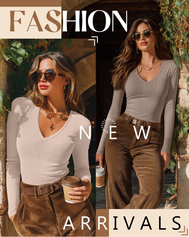 Riyiper 3 Pack Women Long Sleeve Shirts, 95% Cotton V Neck Ribbed Knit Tops Slim Fit Casual Going Out Tee Shirts(Dark Green, Cream, Light Apricot,Medium) - Image 5