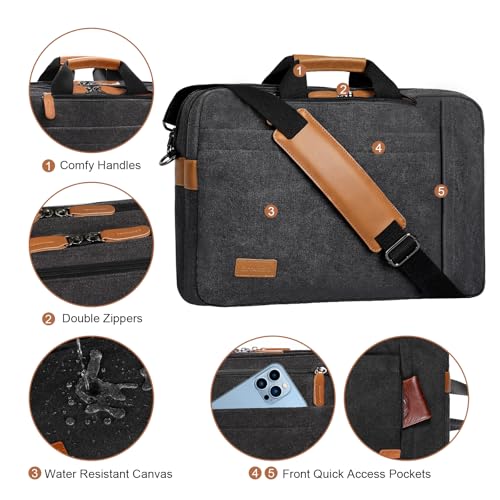 ESTARER Laptop Bag for Men 3 In 1, 17-17.3 Inch Computer Bag Laptop Backpack for Work/Travel/Business, Convertible Messenger Bag Water resistant Canvas Briefcase Backpack (Dark Grey) - Image 4
