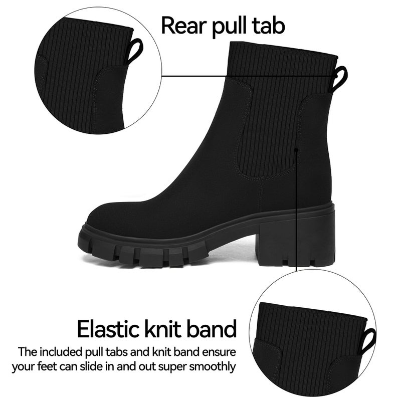 Athlefit Women's Black Chelsea Boots Fall Platform Ankle Boots Slip on Chunky Lug Sole Boots - Image 4