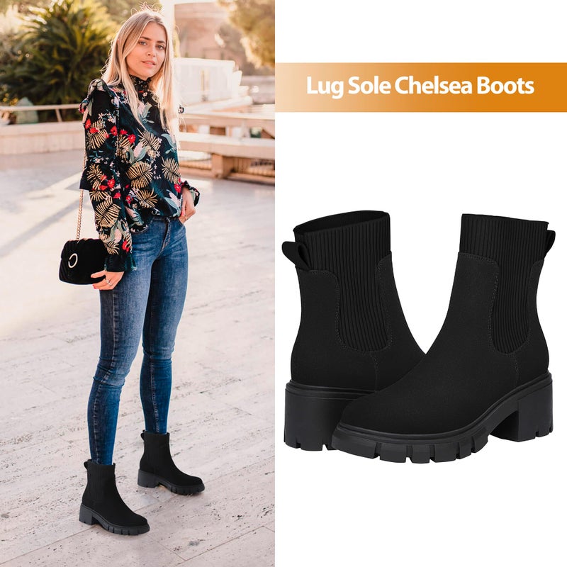 Athlefit Women's Black Chelsea Boots Fall Platform Ankle Boots Slip on Chunky Lug Sole Boots - Image 2