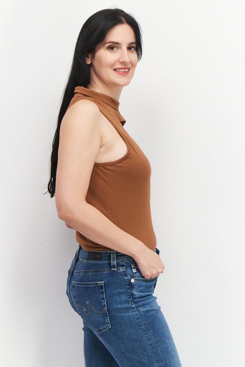Extro&Vert Women High Neck Solid Bodysuit, Brown - Image 3