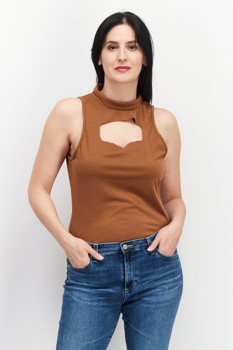 Extro&Vert Women High Neck Solid Bodysuit, Brown - Image 1