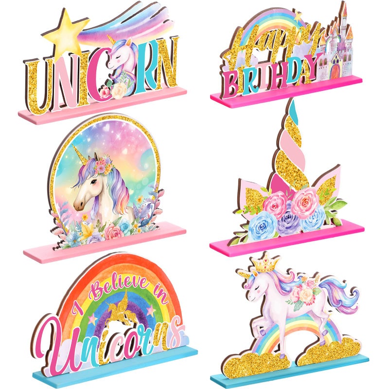 Suzile 6 Pcs Unicorn Birthday Table Wooden Decorations Unicorn Rainbow Birthday Party Table Decor Pink Photo Props Sign for Girls Baby Shower Party Supplies - Image 3