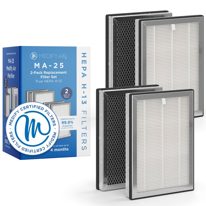 Medify Air MA25 Genuine Replacement Filter  for Allergens Wildfire Smoke Dust Odors Pollen Pet Dander  3 in 1 with Prefilter H13 HEPA and Activated Carbon for 997 Removal  2Pack