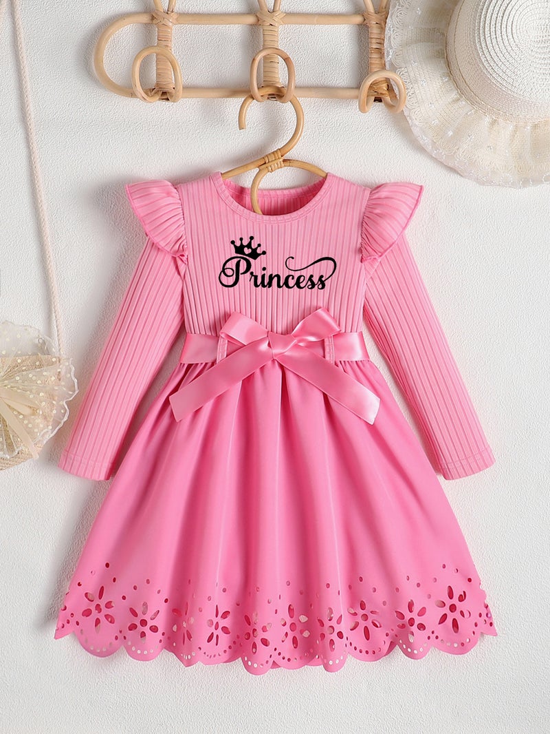 Autumn new girls princess letter printed bow belt round neck long sleeve hollow dress rose red 
