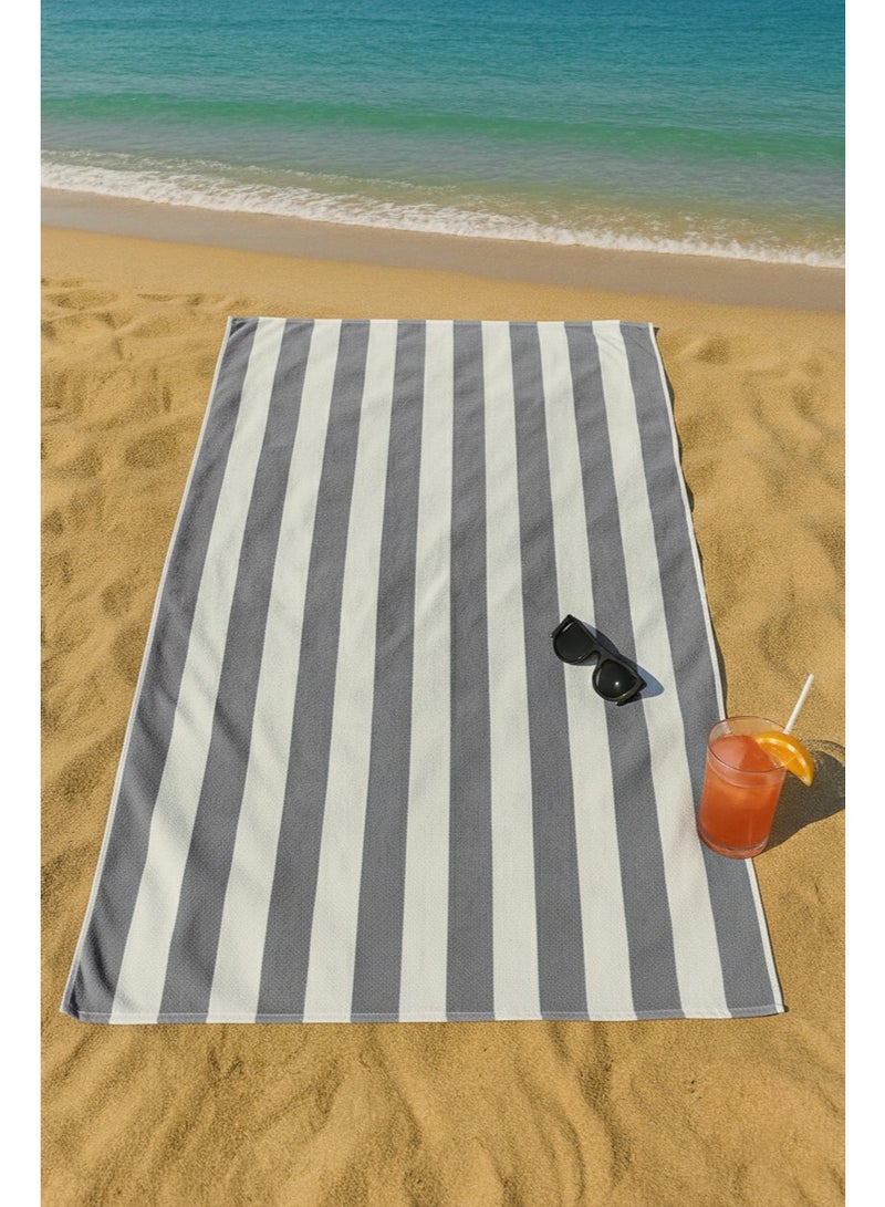 فابينني منشفتا شاطئ فاخرتان كبيرتان الحجم، 90×180 سم، منشفة حمام فاخرة مخططة، منشفة سبا كبيرة الحجم، مقاومة للرمال، منشفة فندقية 5 نجوم، رمادية اللون - Image 2