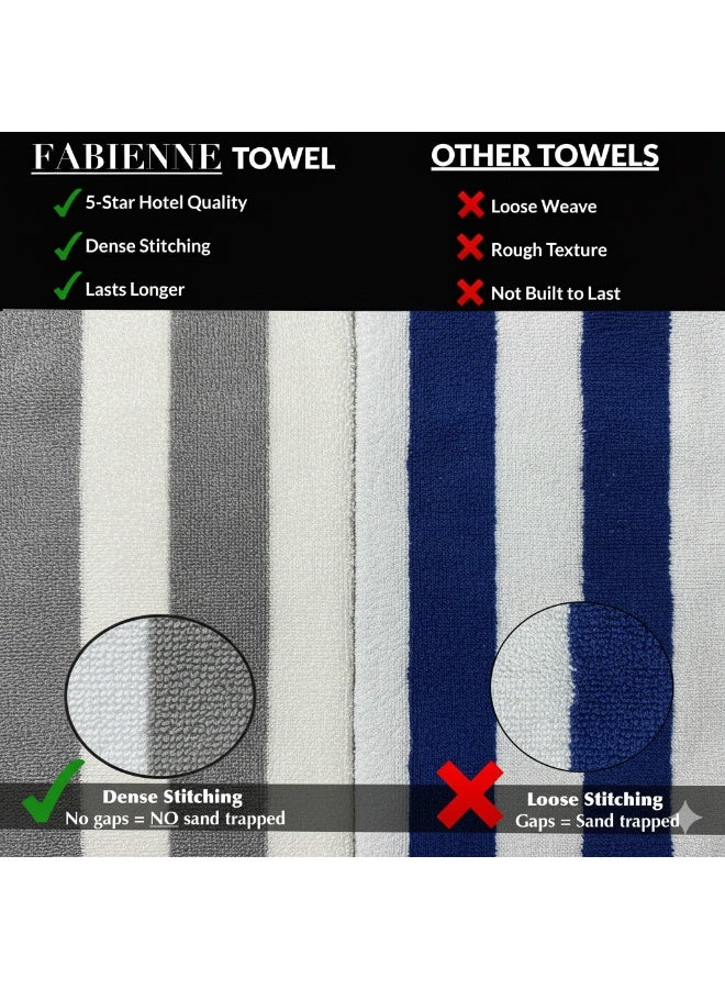 فابينني منشفتا شاطئ فاخرتان كبيرتان الحجم، 90×180 سم، منشفة حمام فاخرة مخططة، منشفة سبا كبيرة الحجم، مقاومة للرمال، منشفة فندقية 5 نجوم، رمادية اللون - Image 3