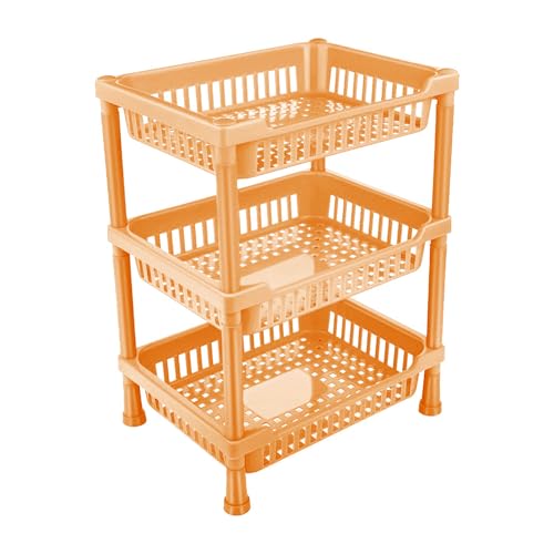 Sulfar Multipurpose Plastic Trolley with Dish Rack for Kitchen Fruit Vegetable Storage Basket Modern Organizer - 3 Layer Stackable Shelf Cart Kitchenware Food, Snacks, Bottles, Toys (Beige) - Image 1