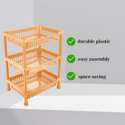 Sulfar Multipurpose Plastic Trolley with Dish Rack for Kitchen Fruit Vegetable Storage Basket Modern Organizer - 3 Layer Stackable Shelf Cart Kitchenware Food, Snacks, Bottles, Toys (Beige) - Image 3