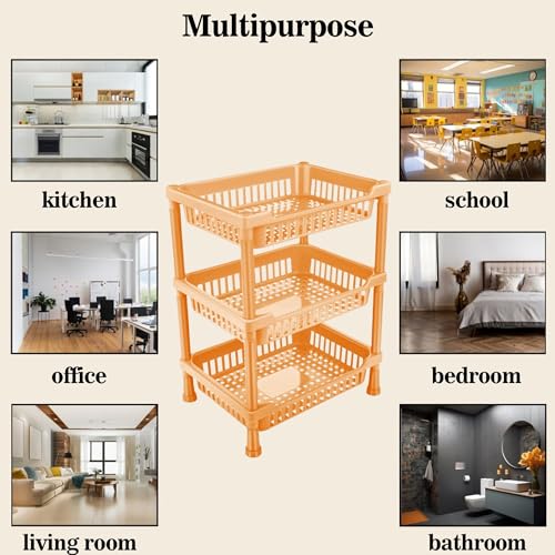 Sulfar Multipurpose Plastic Trolley with Dish Rack for Kitchen Fruit Vegetable Storage Basket Modern Organizer - 3 Layer Stackable Shelf Cart Kitchenware Food, Snacks, Bottles, Toys (Beige) - Image 5