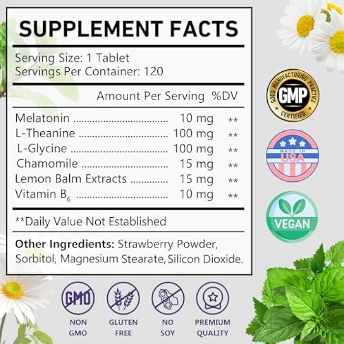 OMOGS Melatonin, Fast Dissolve Melatonin 10mg Tablets, with L-Theanine, L-Glycine & Vitamin, Supports Relaxation & Healthy Sleep Cycles, Strawberry Flavor, 120-Day Supply - Image 2
