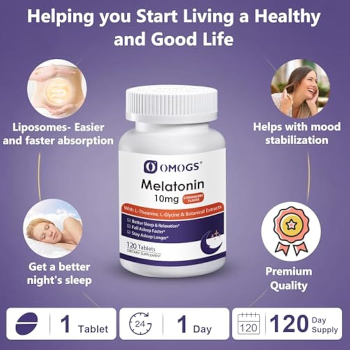 OMOGS Melatonin, Fast Dissolve Melatonin 10mg Tablets, with L-Theanine, L-Glycine & Vitamin, Supports Relaxation & Healthy Sleep Cycles, Strawberry Flavor, 120-Day Supply - Image 3