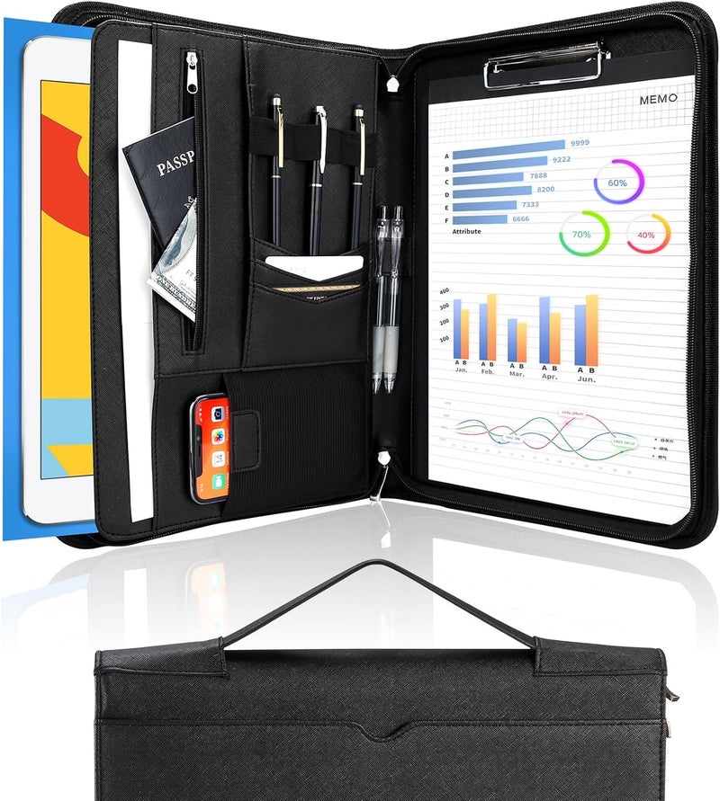 Procase Portfolio Business Padfolio Folder with Handle and Zipper, Conference Meeting Executive File Legal Document Organizer with Pockets Letter Size A4 Writing Pad Notepad Padfolio -Allblack - Image 1