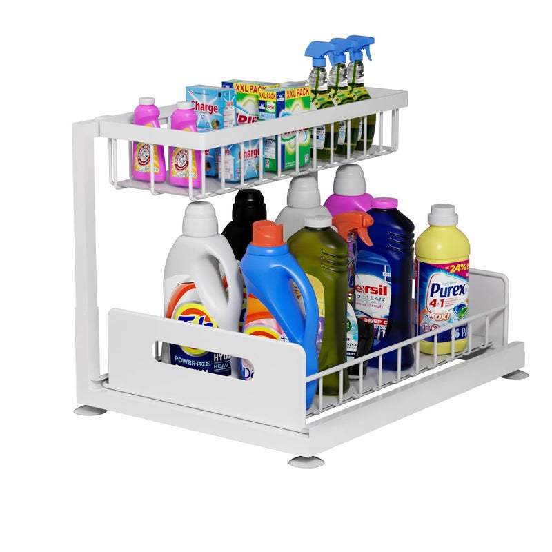 Lxmons Lxmons 2Tier Under Sink Slide Out Organizer Pull Out Cabinet Storage Shelf with Sliding Wire Basket Drawer for Bathroom Kitchen Countertop or Pantry Shelf White 