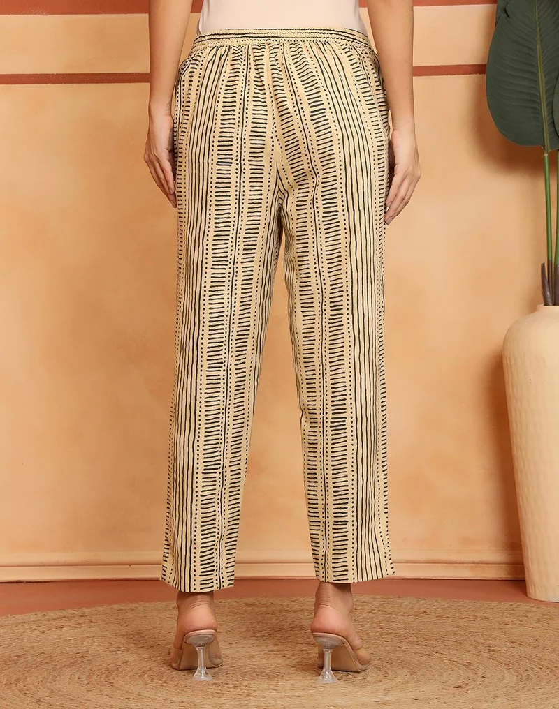 Fabindia  Beige Cotton Linen Geometric Casual Tapered Stide Pant for Women | Best Price UAE