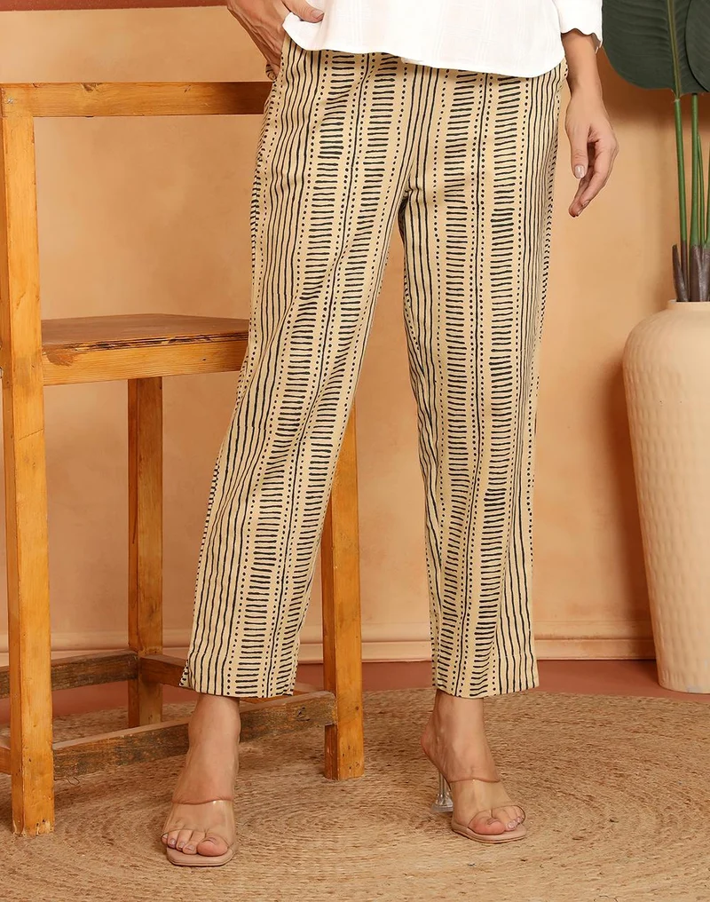 Fabindia  Beige Cotton Linen Geometric Casual Tapered Stide Pant for Women | Best Price UAE