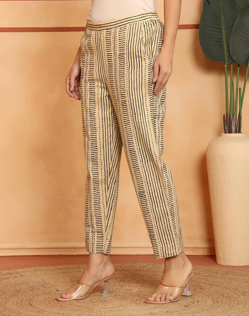 Beige Cotton Linen Geometric Casual Tapered Stide Pant
