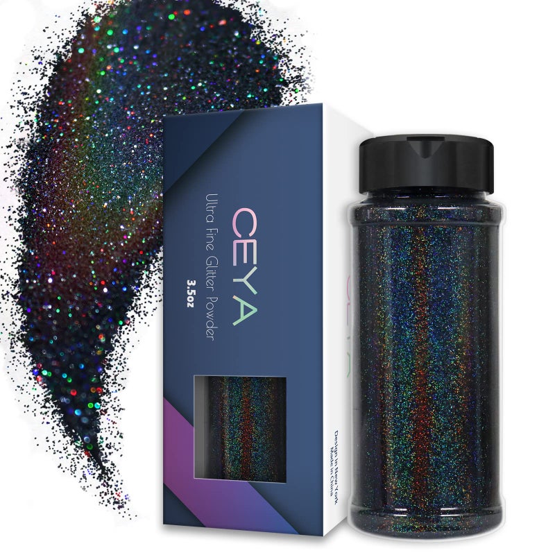 Ceya 35oz 100g Holographic Ultra Fine Glitter Powder Laser Black Glitter 1128 0008 02mm for Slime Epoxy Resin Craft Tumbler Jewelry Nail Art Festival Makeup Scrapbook Painting Wedding Cards
