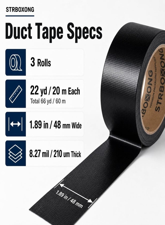 STRBOXONG Black Duct Tape Heavy Duty, 8.27 Mil Thick, 3 Rolls Strong Waterproof Cloth Backed Tape for Industrial Repair, Sealing, Bundling, Packing, Garage, Workshop and DIY, 1.89 in x 66 yd Total - Image 2