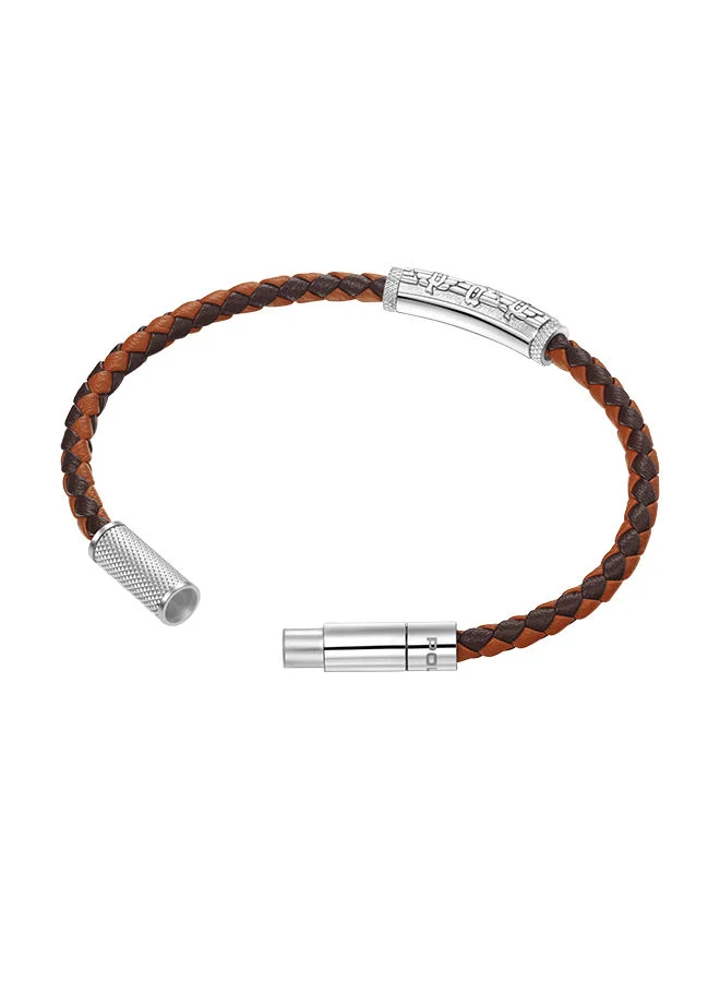 بوليس Die-Cut Brown And Tan Bi Colour Leather With Stainless Steel Wing Logo Gents BraceletPEAGB0032606