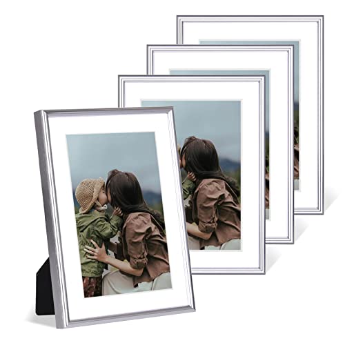 Fkvat 4x6 Picture Frame Set of 4, Matted Silver Simple Modern Brushed Thin Aluminum Metal Photo Frame Fits 3x5 with Mat or 4 x 6 without Mat Vertical and Horizontal for Tabletop and Wall Mounting - Image 1
