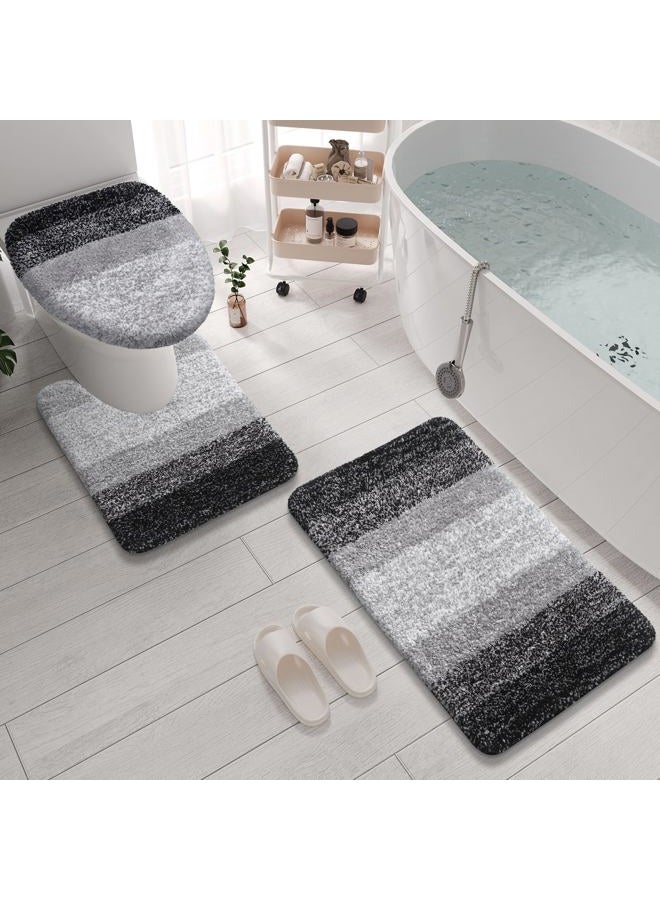 Arotive Microfiber Bathroom Rugs 3 Piece with Toilet Lid Cover, Shaggy Soft and Absorbent Bath Rug, Non-Slip, Machine Washable Bath Mats for Bathroom（24x16+24x20+17.5x15, Black - Image 1