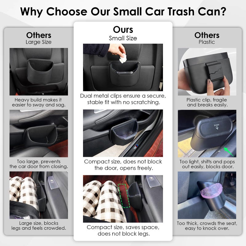 PIFOOG Small Car Trash Can for Side Door Back Seat Leather Leakproof Removable Liner Clip On Automotive Garbage Bin Compact Auto Trashcan Multipurpose Storage Organizer Container 0.22 Gal - Image 2