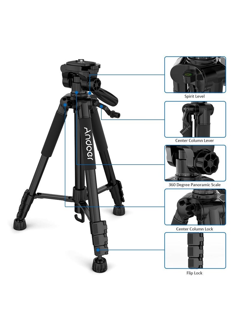 ANDOER - Andoer  57.5inch Travel Lightweight Camera Tripod Stand Phone Tripod for DSLR SLR Camcorder Photography Video Shooting with Carry Bag Phone Clamp Max.Load 3kg - Image 1
