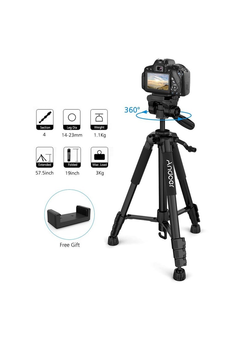 ANDOER - Andoer  57.5inch Travel Lightweight Camera Tripod Stand Phone Tripod for DSLR SLR Camcorder Photography Video Shooting with Carry Bag Phone Clamp Max.Load 3kg - Image 1