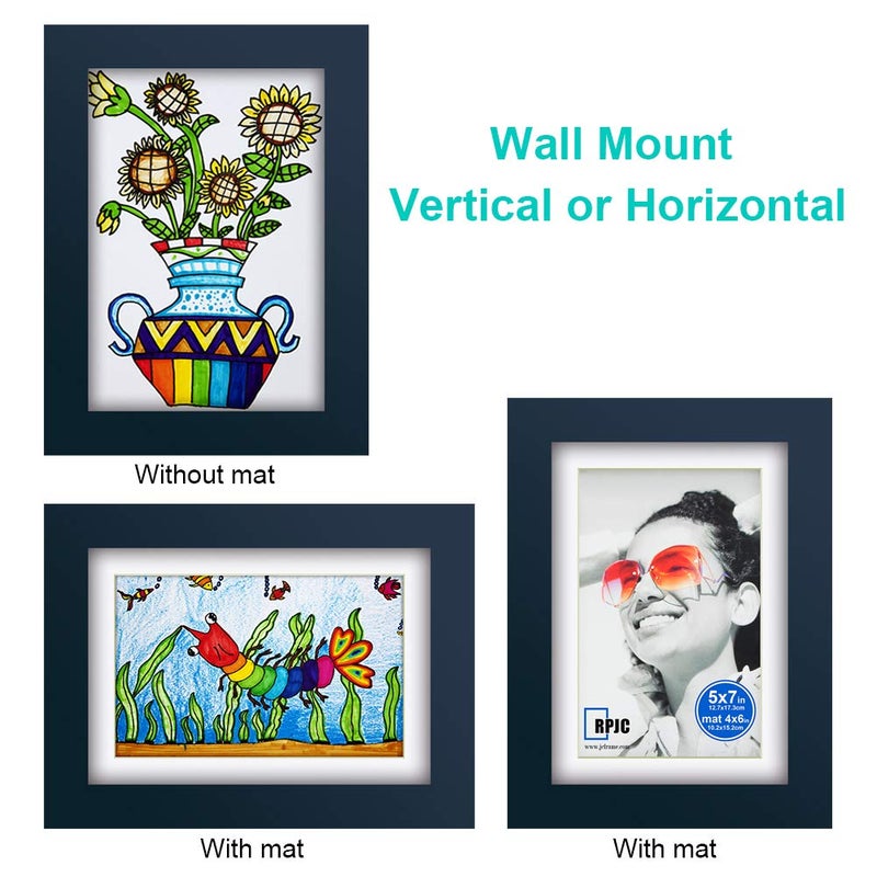 RPJC 5x7 inch Picture Frame Made of Solid Wood and High Definition Glass Display Picture 4x6 with Mat or 5x7 Without Mat for Wall Mounting Photo Frames Jazz Blue - Image 3