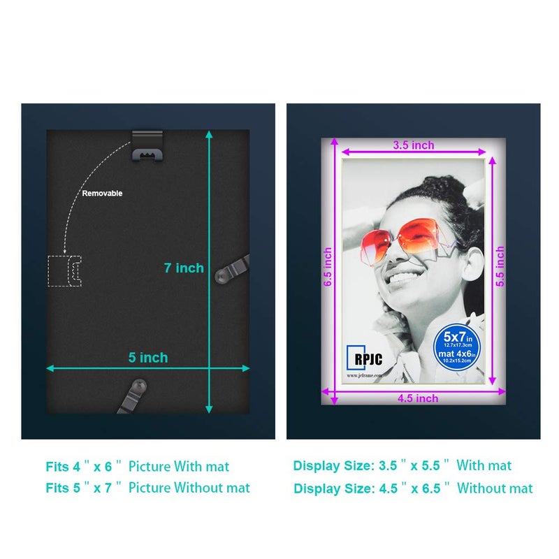 RPJC 5x7 inch Picture Frame Made of Solid Wood and High Definition Glass Display Picture 4x6 with Mat or 5x7 Without Mat for Wall Mounting Photo Frames Jazz Blue - Image 4