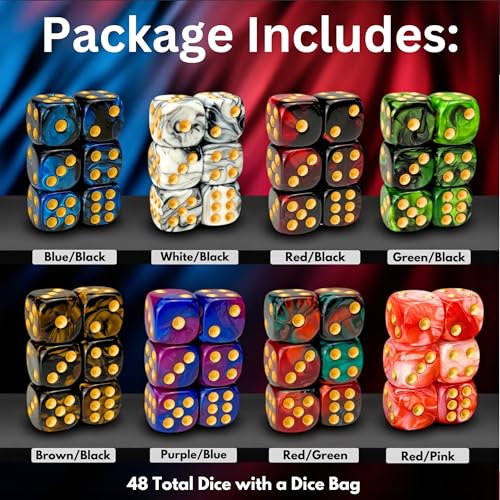 Luck Lab 48 Pack of 16mm Marble Swirl D6 6 Sided Dice Set with Round Corners Board Game Dice for MTG DND Tenzi Farkle Yahtzee Bunco or Learning Math Gold Pip Multicolor Swirl - Image 5