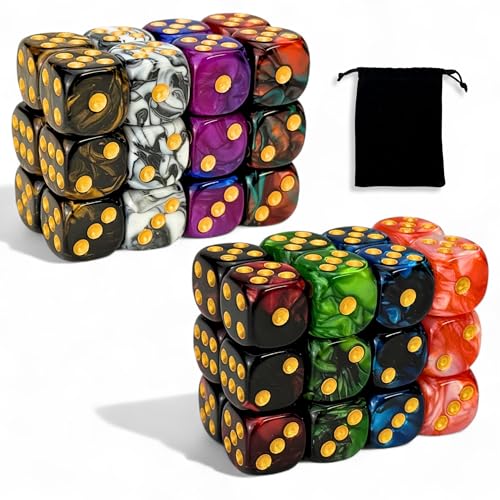 Luck Lab 48 Pack of 16mm Marble Swirl D6 6 Sided Dice Set with Round Corners Board Game Dice for MTG DND Tenzi Farkle Yahtzee Bunco or Learning Math Gold Pip Multicolor Swirl - Image 1