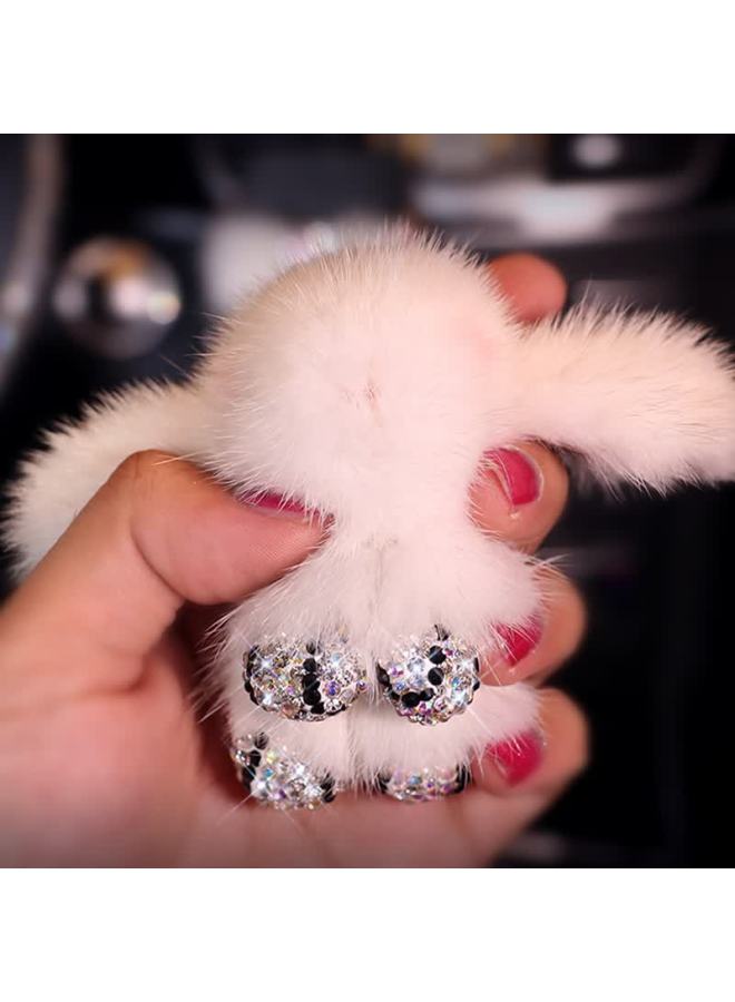 DiGallen Digalun Diamond-studded Cute Bunny Car Keychain Pendant Interior Decoration Cartoon Doll Female Fur Mink Plush Cute Bunny Official Car Accessories White - Image 2