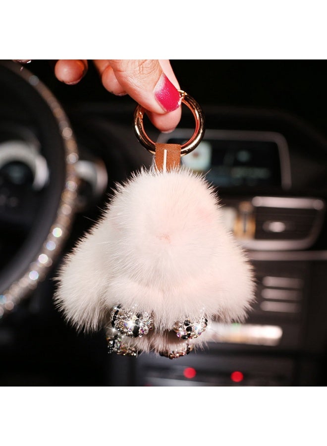 DiGallen Digalun Diamond-studded Cute Bunny Car Keychain Pendant Interior Decoration Cartoon Doll Female Fur Mink Plush Cute Bunny Official Car Accessories White - Image 3